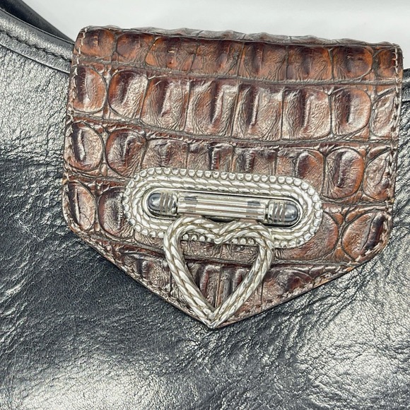 Vintage Brighton Black Leather Brown Croc Embossed Bucket Shoulder Bag Purse‎ - Picture 4 of 14